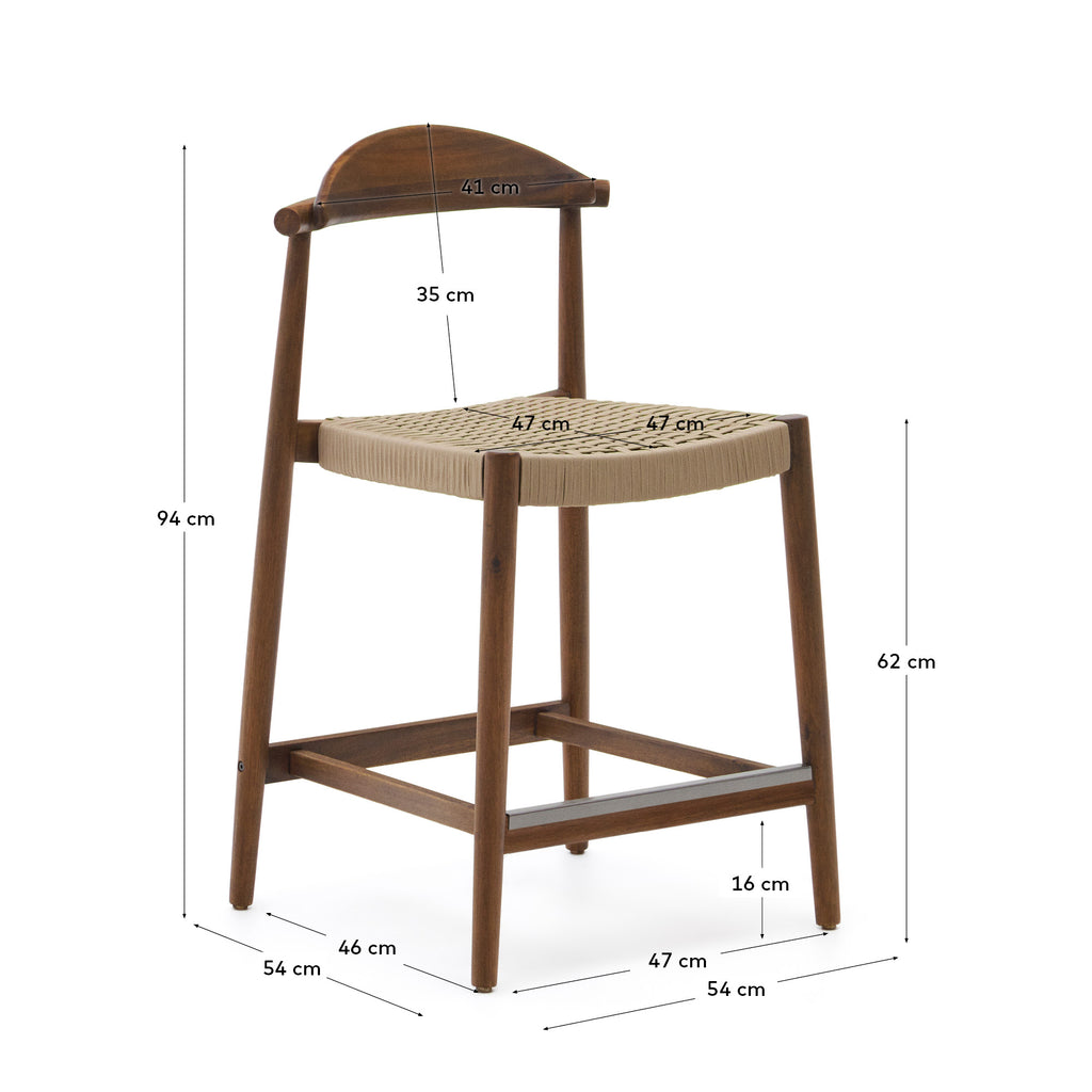 Nina solid acacia wood stool with walnut finish and beige rope height 62 cm