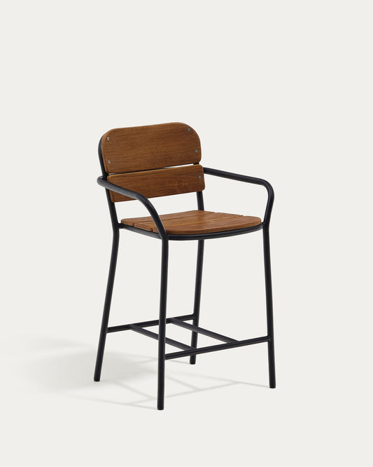 Tabouret Algueret en bois d'eucalyptus, finition naturelle et aluminium noir 65 cm FSC 100 %