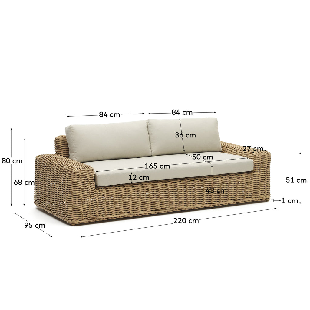 Portlligat 3 seater faux rattan outdoor sofa in a natural finish
