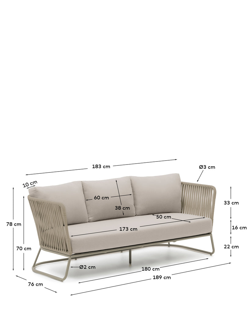 Canapé 3 places d’extérieur Saconca en corde et acier galvanisé beige 189 cm