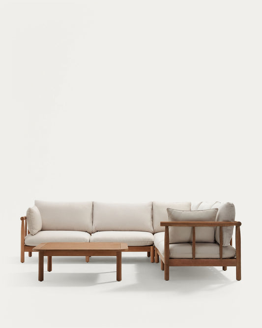 Ensemble Sacova canapé d'angle 5 places et table basse en bois d'eucalyptus