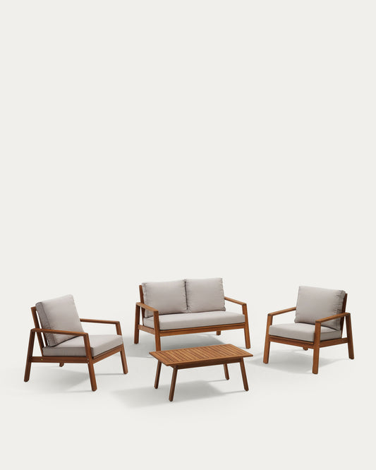 Ensemble Frares de canapé 2 places, 2 fauteuils et table basse en bois d'acacia