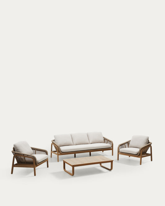 Ensemble Vellana canapé 3 places, 2 fauteuils et table basse en bois d’acacia FSC 100 % co