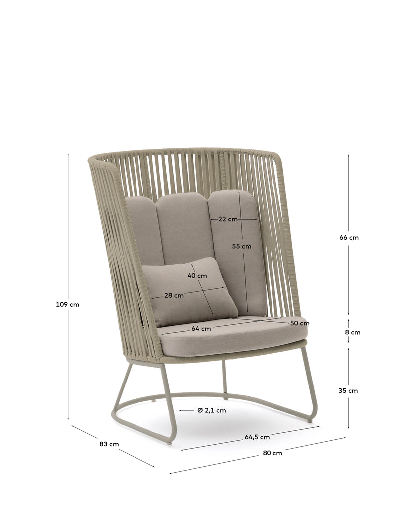 Fauteuil d’extérieur avec dossier haut Saconca en corde et acier galvanisé beige
