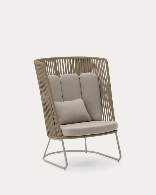 Fauteuil d’extérieur avec dossier haut Saconca en corde et acier galvanisé beige