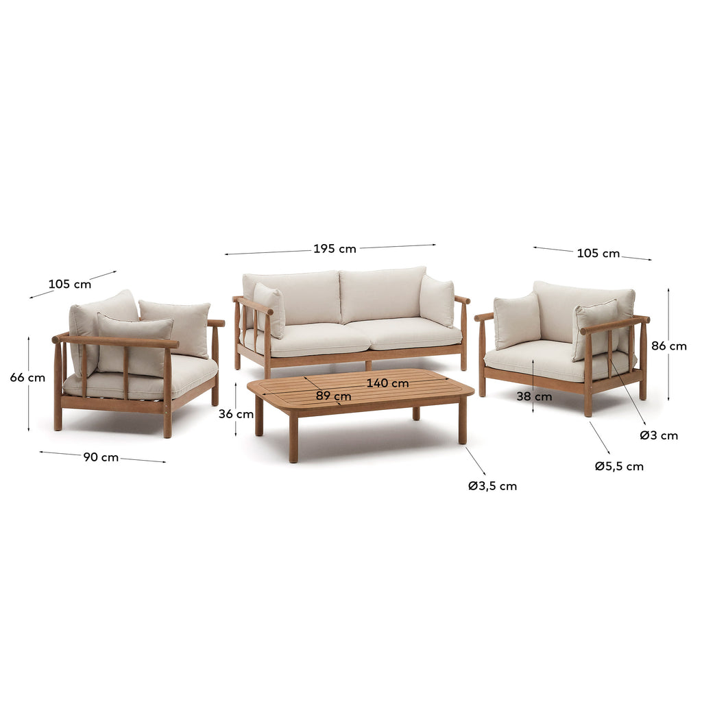 Sacova ensemble de 2 fauteuils, canapé 2 places et table basse en bois d'eucalyptus FSC