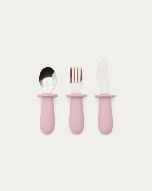 Ensemble Lili de cuillère, fourchette et couteau en silicone rose