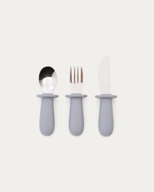 Ensemble Lili de cuillère, fourchette et couteau en silicone bleu
