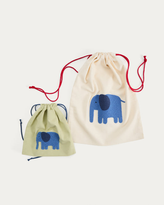 Ensemble Tandani set de 2 sacs en coton beige et vert avec éléphant bleu brodé