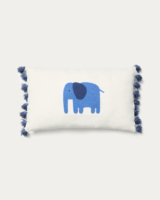 Housse de coussin Tandani en coton beige avec éléphant bleu brodé 30 x 50 cm
