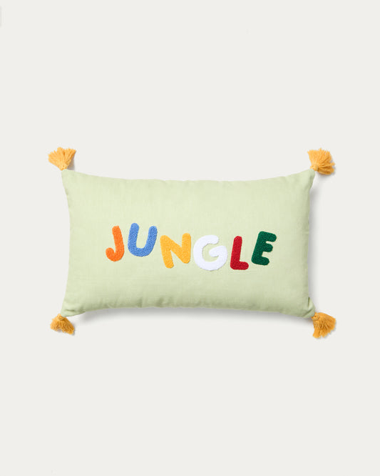 Housse de coussin Tandani en coton vert avec lettres brodées multicolores 30 x 50 cm