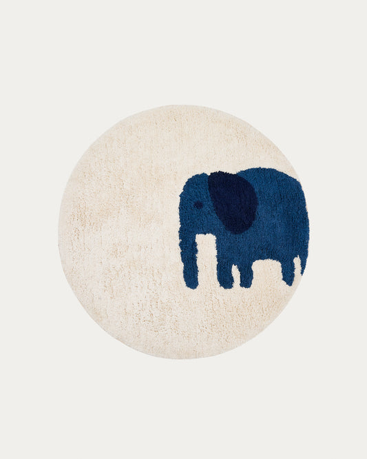 Tapis rond Tandani en coton beige avec éléphant bleu Ø 100 cm