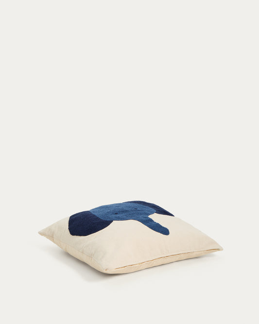 Housse de coussin de sol Tandani en coton beige avec éléphant bleu 70 x 70 cm
