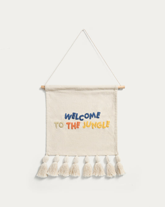 Tapisserie Tandani en coton beige avec lettres multicolores et franges 40 x 50 cm