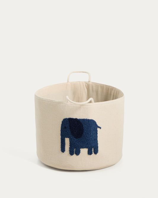 Panier Tandani en coton beige avec éléphant bleu 30 cm