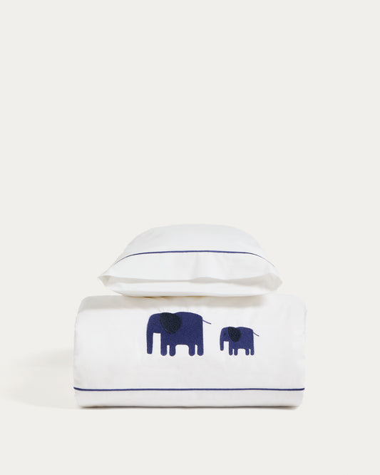 Ensemble Tandari housse de couette et taie d’oreiller en percale de coton beige avec broderie éléphant pour berceau évolutif
