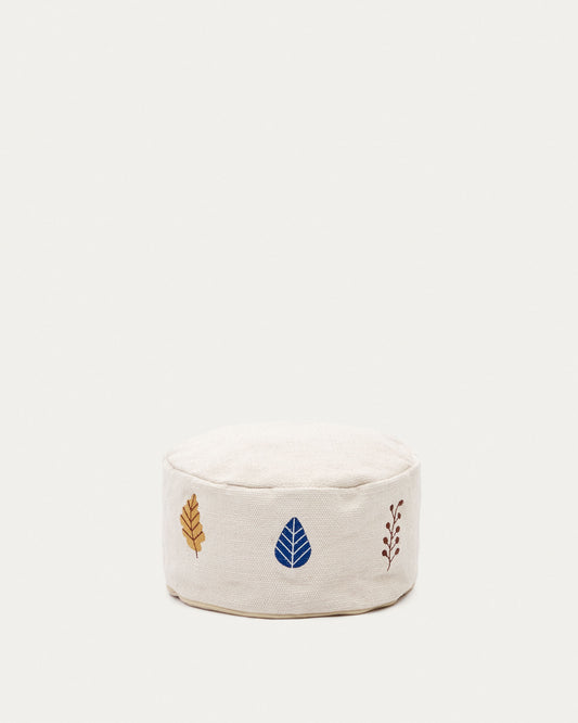 Pouf Yanil 100% en coton blanc avec broderie de feuilles multicolore Ø 40 cm