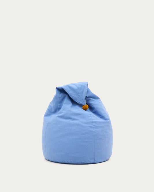 Pouf Olvi en coton bleu avec pompon moutarde Ø 60 cm