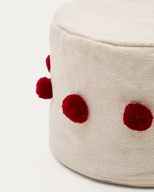 Pouf Manua en coton beige avec pompons rouges Ø 40 cm