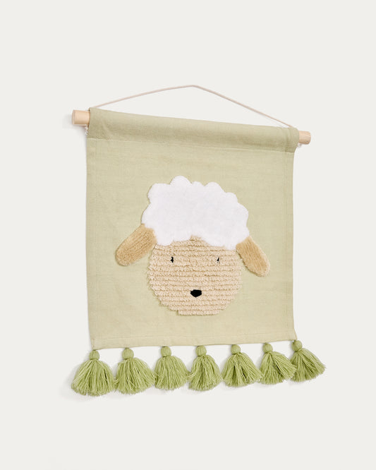 Tapis mural Milu en coton vert avec motif mouton et pompons verts