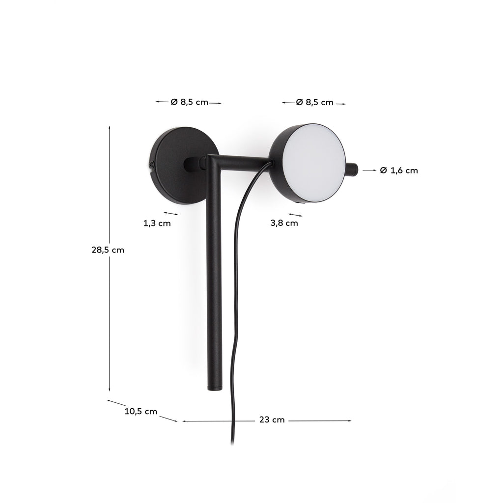 Orey black metal wall-mounted light fixture with multi-position spotlight