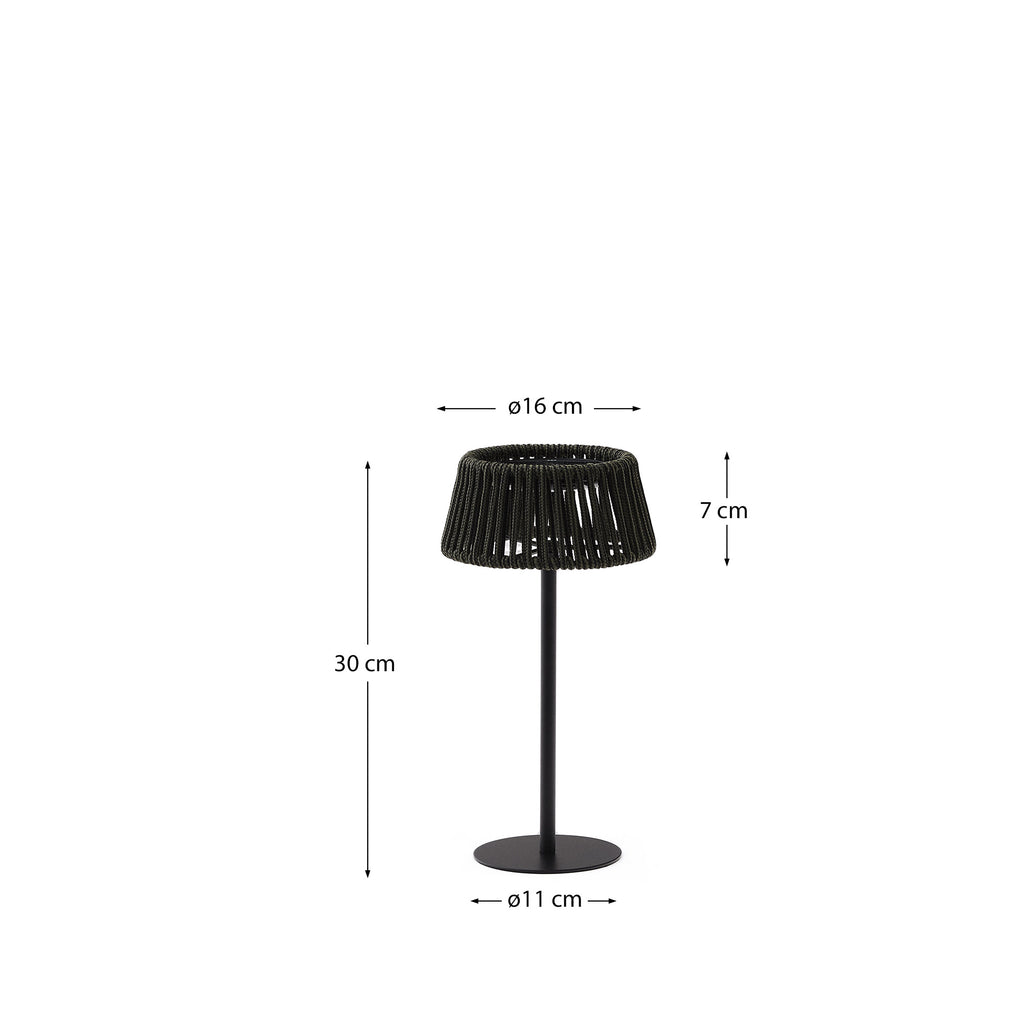 Aldet outdoor solar table lamp in black and green mottled rope cord with black metal stand