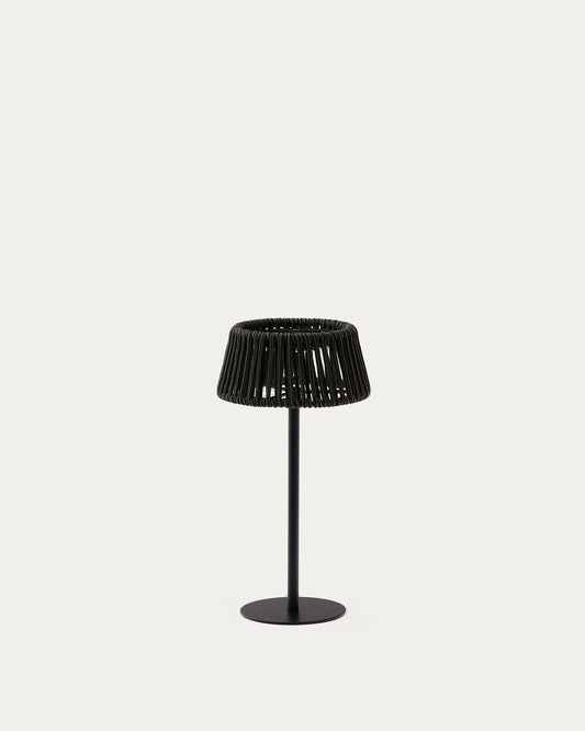 Aldet outdoor solar table lamp in black and green mottled rope cord with black metal stand