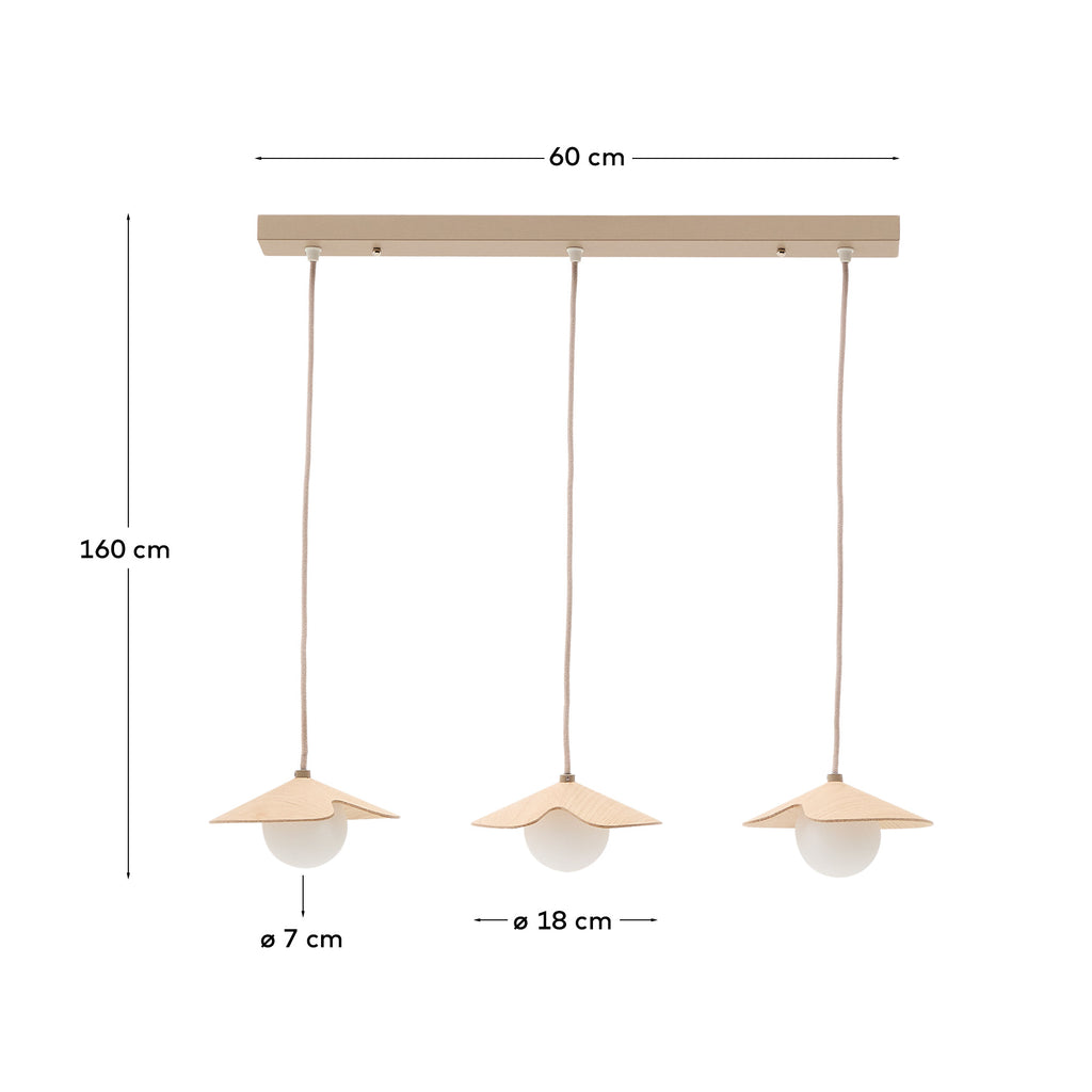 Plafonnier Wilara en placage de chêne avec 3 boules en verre fumé blanc