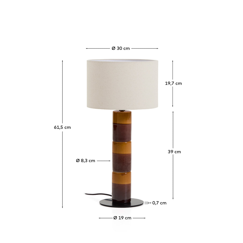 Lampe de table Mavran avec pied en céramique couleur marron et moutarde et abat-jour en coton