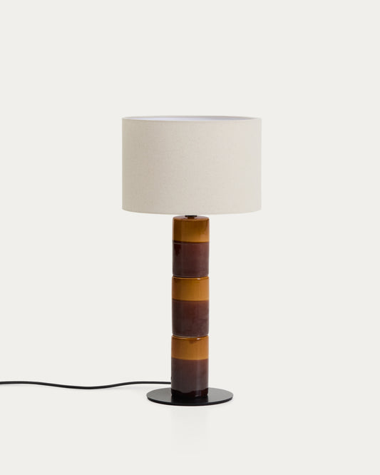Lampe de table Mavran avec pied en céramique couleur marron et moutarde et abat-jour en coton