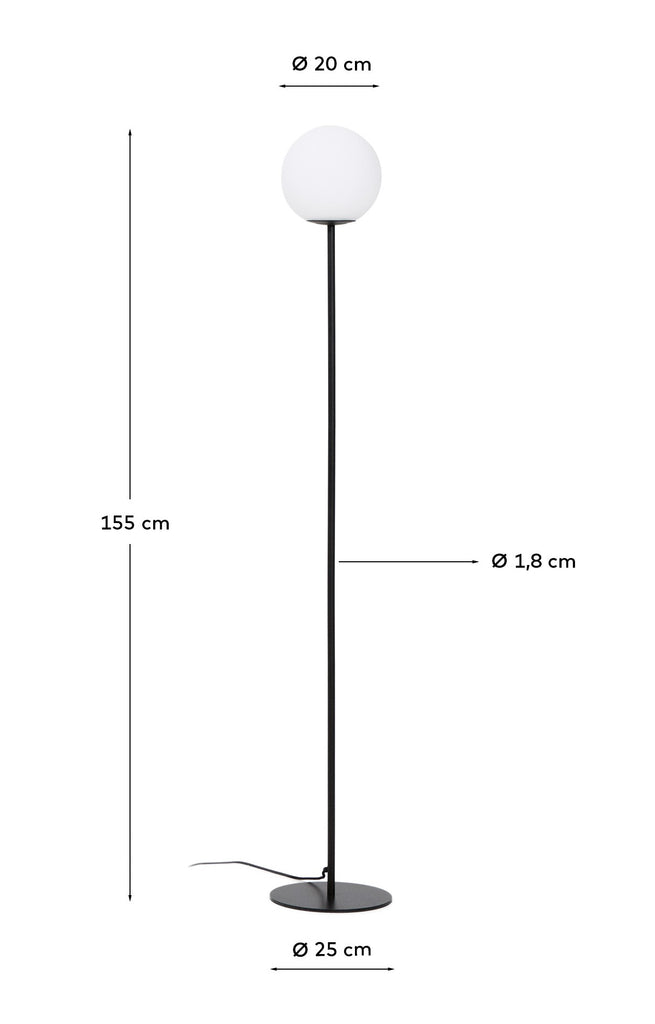 Lampadaire Brisia en métal finition noire avec 1 boule en verre dépoli Ø20 cm