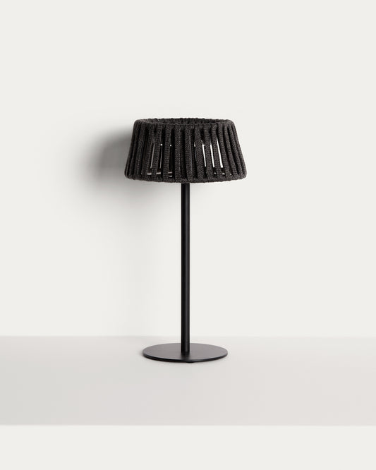 Lampe de table solaire d’extérieur Aldet en corde plate et pied en métal noir
