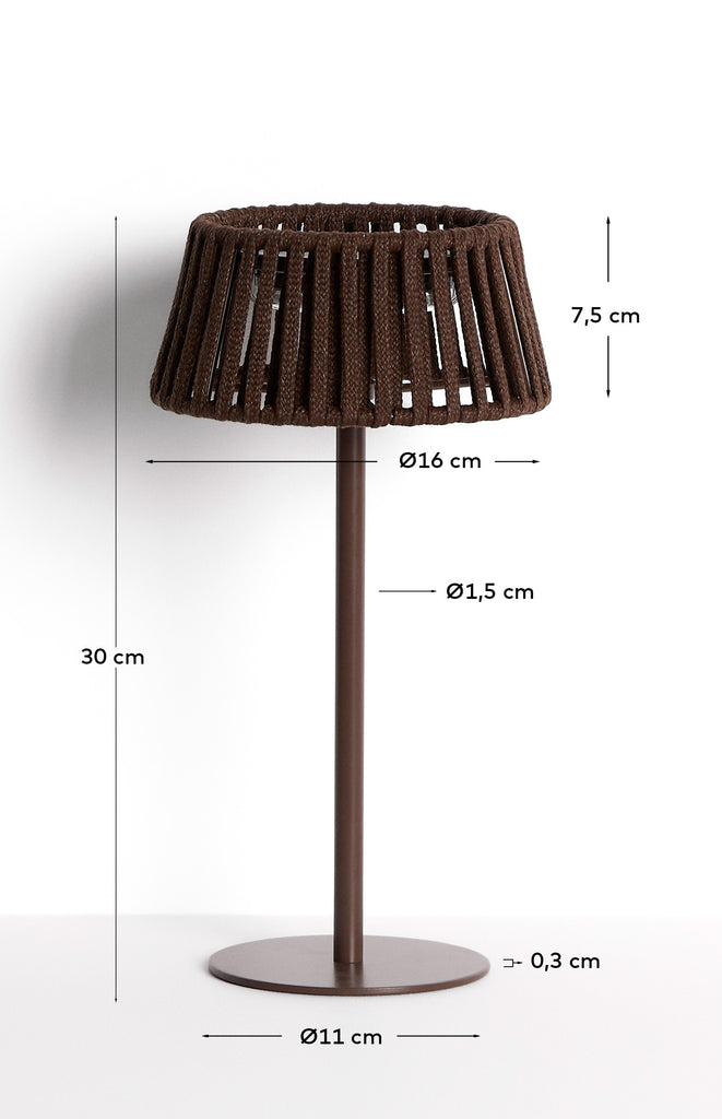 Lampe de table solaire d’extérieur Aldet en corde plate et pied en métal marron