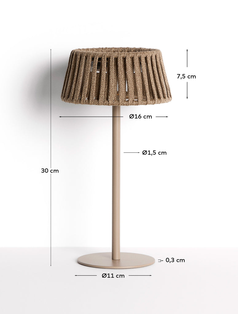 Lampe de table solaire d’extérieur Aldet en corde plate et pied en métal beige