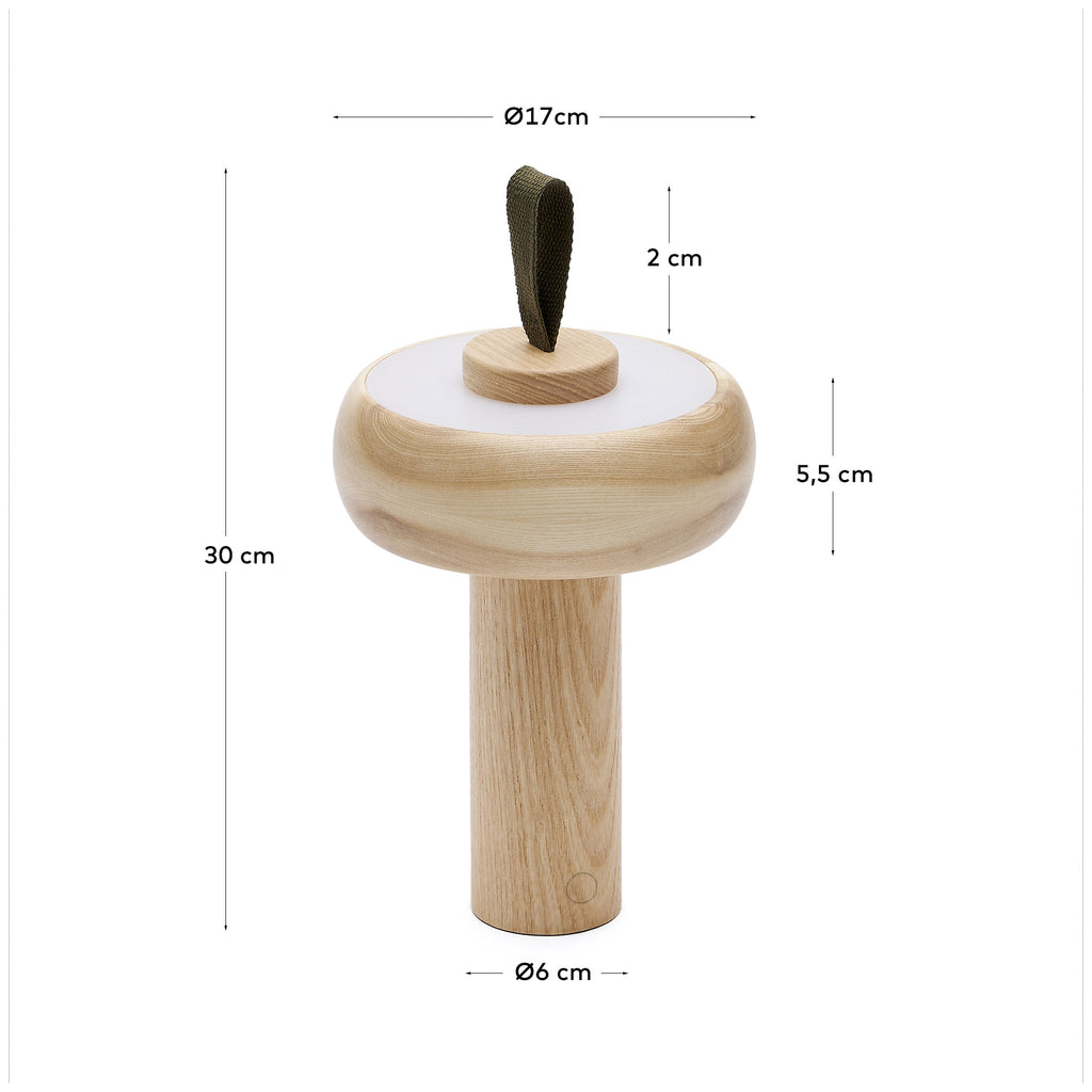 Lampe de table portable Luba en bois de frêne et poignée en coton vert