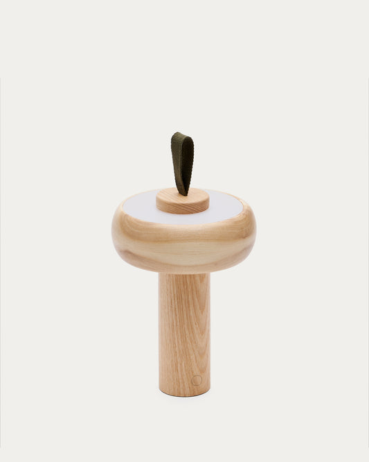 Lampe de table portable Luba en bois de frêne et poignée en coton vert