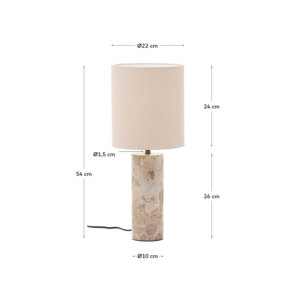 Lampe de table Raze en marbre beige et abat-jour en lin beige.