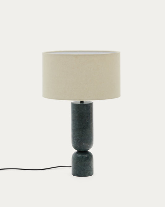 Lampe de table Vex en marbre vert et abat-jour en lin gris.