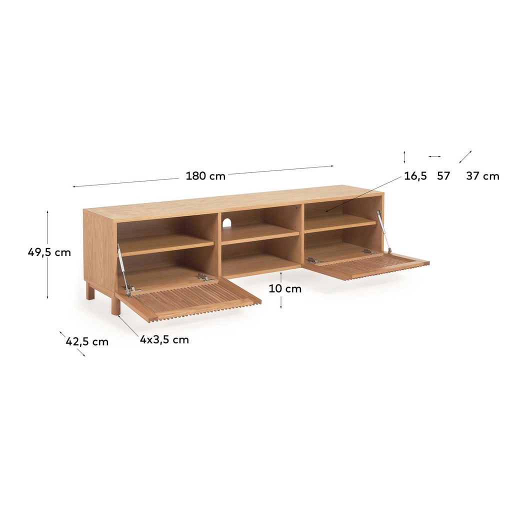 Meuble TV Beyla 2 portes en bois massif et placage de frêne 180 x 49,5 cm FSC 100 %