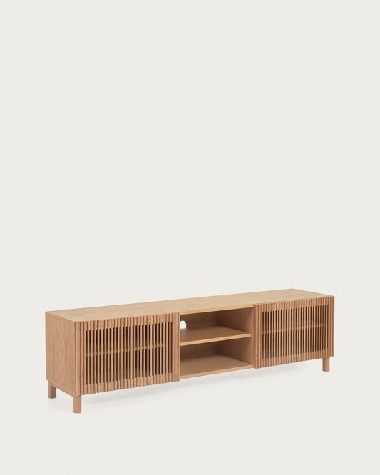 Meuble TV Beyla 2 portes en bois massif et placage de frêne 180 x 49,5 cm FSC 100 %