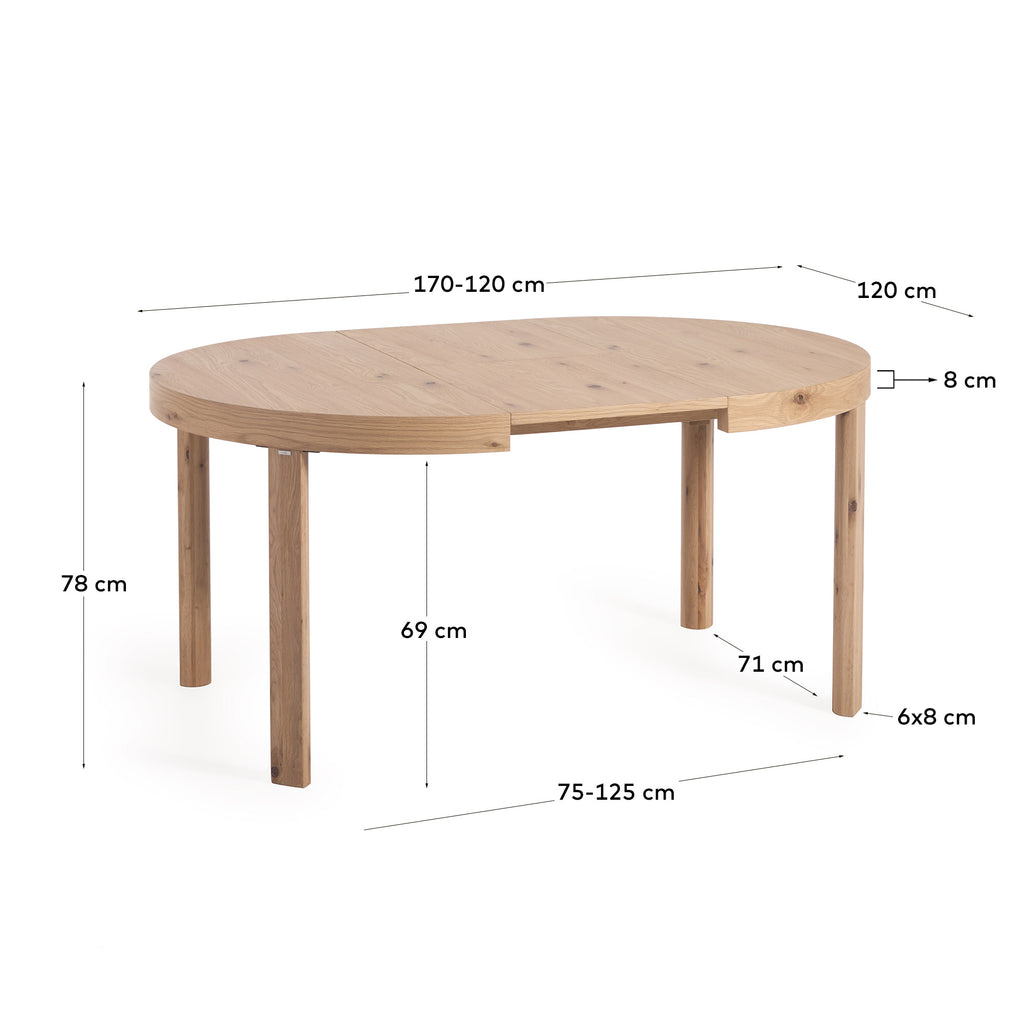 Table extensible ronde Colleen contreplaqué chêne et pieds bois Ø120 (170) x 120 cm
