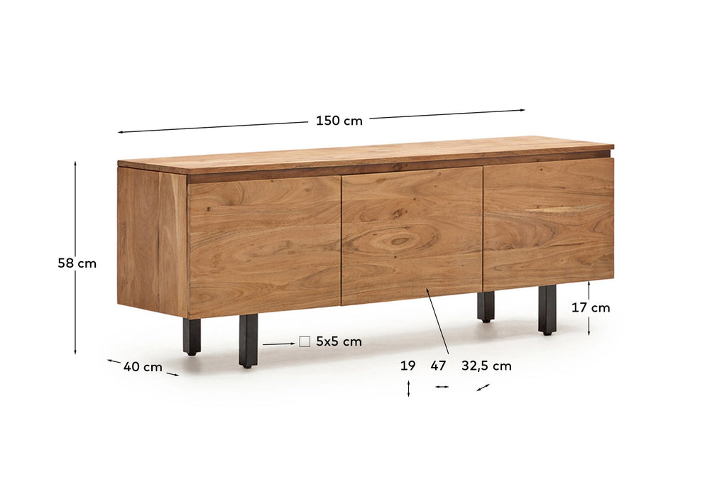 Meuble TV Uxue 3 portes en bois d’acacia avec finition blanchie 150 x 58 cm