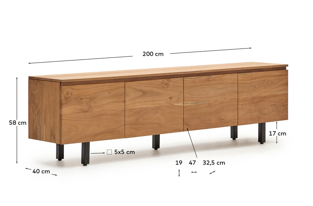 Meuble TV Uxue 4 portes en bois d’acacia avec finition blanchie 200 x 58 cm