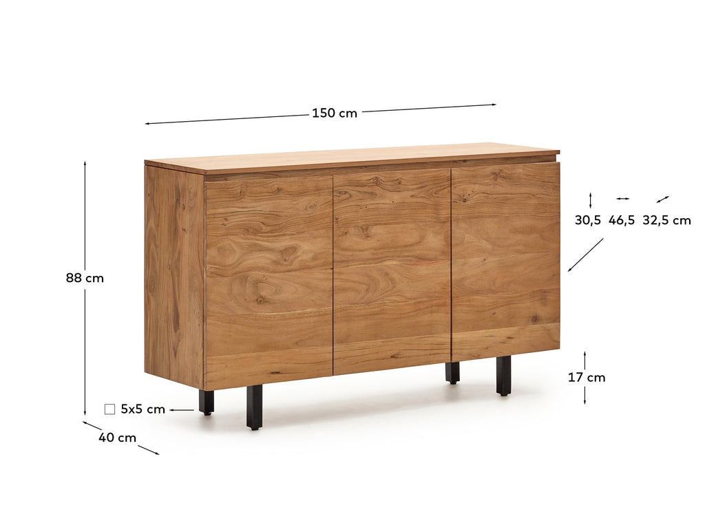 Buffet Uxue 3 portes en bois d’acacia avec finition blanchie 150 x 88 cm