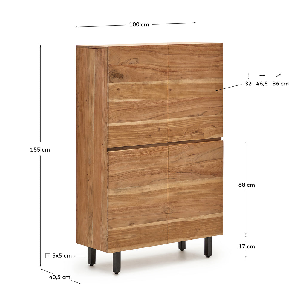 Buffet haut Uxue 4 portes en bois d’acacia avec finition blanchie et acier noir 100 x 155 cm
