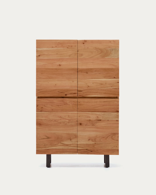Buffet haut Uxue 4 portes en bois d’acacia avec finition blanchie et acier noir 100 x 155 cm