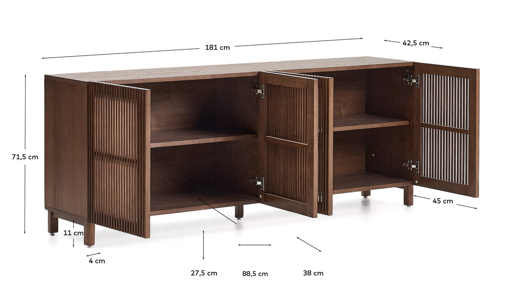 Buffet Beyla à 4 portes en placage et bois massif de frêne avec finition ton noyer 180 x 71,5 cm FSC 100%