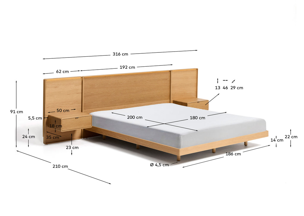 Lit Norlen avec 2 tables de nuit en placage de chêne avec finition naturelle et lumière LED pour matelas 180 x 200 cm FSC Mix Credit