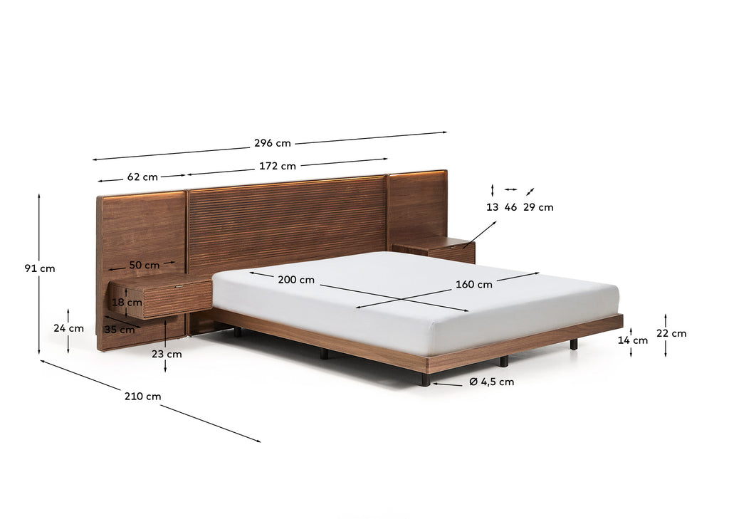 Tête de lit Norlen avec 2 tables de nuit en placage de noyer avec finition foncée et lumière LED pour lit jusqu’à 160 cm FSC Mix Credit