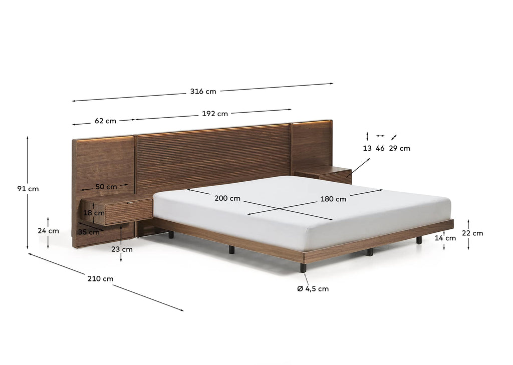 Tête de lit Norlen avec 2 tables de nuit en placage de noyer avec finition foncée et lumière LED pour lit jusqu’à 180 cm FSC Mix Credit